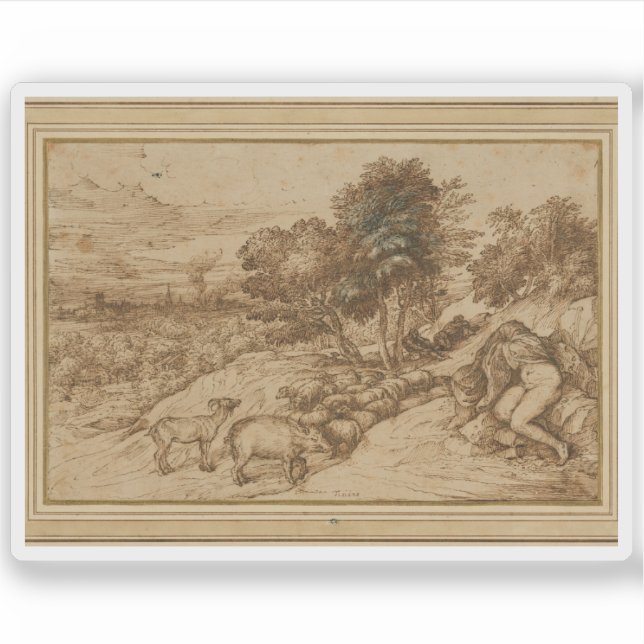Pegatina Tiziano (Tiziano Vecellio) - Escena Pastoral (Anverso)