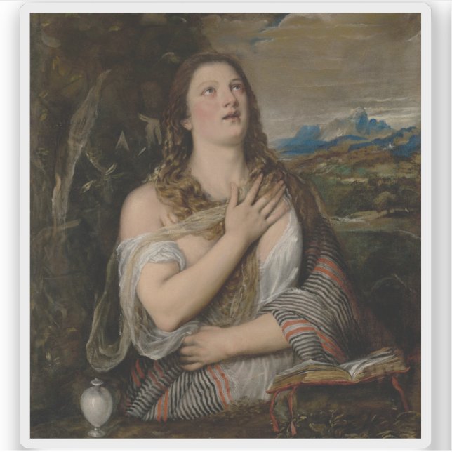 Pegatina Tiziano (Tiziano Vecellio) - La Penitente Magdalen (Anverso)