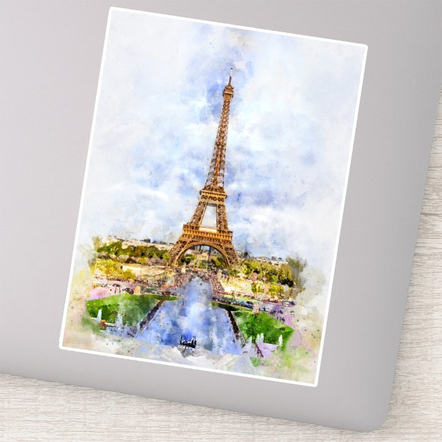 Pegatina Torre Eiffel Atardecer París Acuarela Francesa (Sunset Eiffel Tower Paris French Watercolor. Sticker)