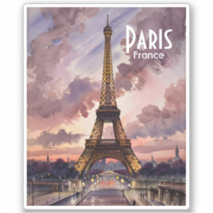 Pegatina Torre Eiffel de París al Anochecer Acuarela Texto 