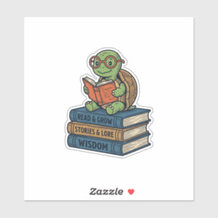 Pegatina Tortuga Lectora Adorable en Libros Vector Vintage_