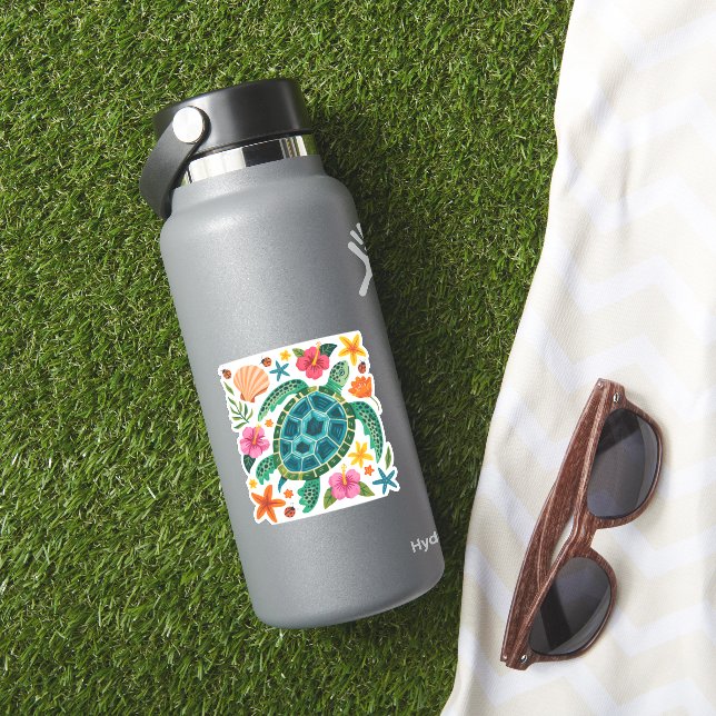 Pegatina Tortuga marina floral de Boho (HydroFlask Insitu)