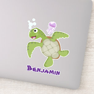 Pegatina Tortuga marina verde suave feliz ilustracion perso