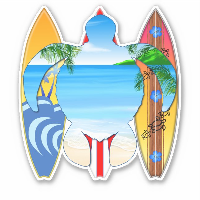 Pegatina Tortuga marina y tablas de surf (Anverso)