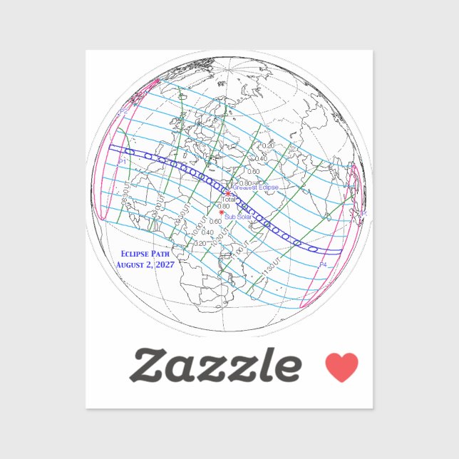 Pegatina Total Solar Eclipse 2027 Map (Hoja)