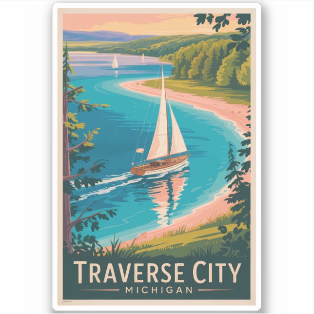 Pegatina Traverse City Michigan Ilustracion Viajes Arte (Anverso)