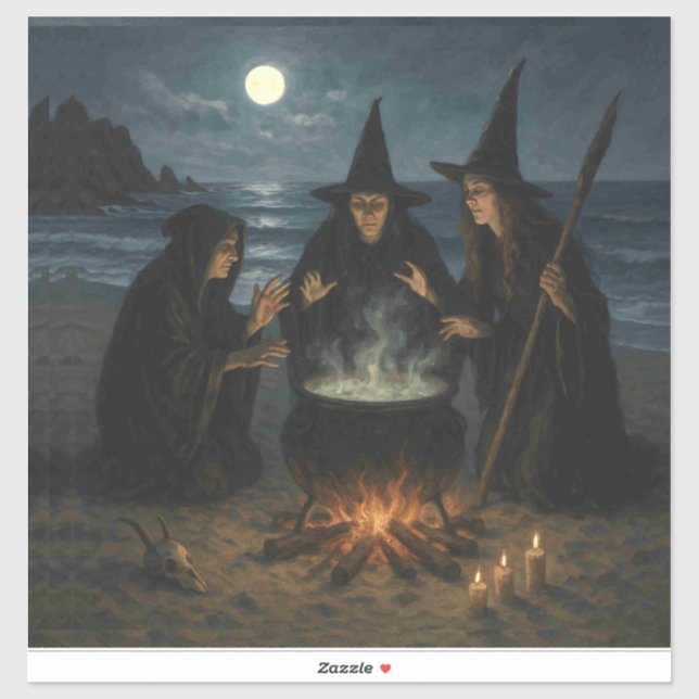 Pegatina Tres brujas producen Cauldron Full Moon Beach (Hoja)