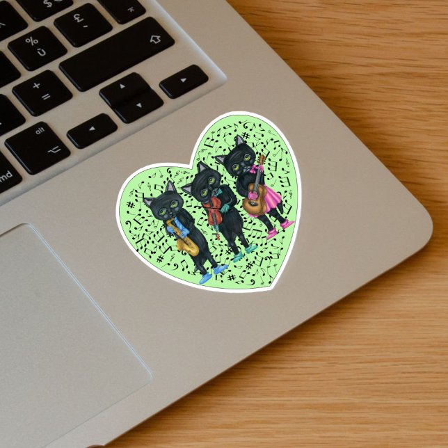 Pegatina Tres gatos negros tocando música Corazón verde (Black Cat musicians playing instruments in clothes on green heart with music notes on vinyl sticker.)