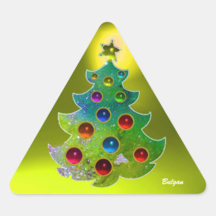 PEGATINA TRIANGULAR ÁRBOL DE NAVIDAD COLORIDO EN RODILLOS DE ORO VERDE