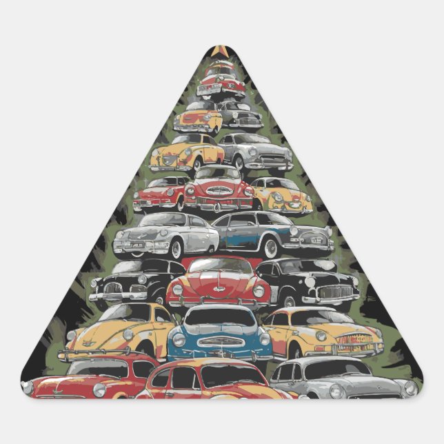 Pegatina Triangular Árbol de navidad de árbol de árbol autos clásicos  (Anverso)