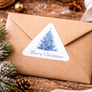 Pegatina Triangular Árbol de Navidad en azul de Delft personalizable