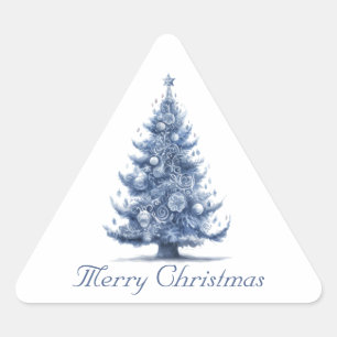 Pegatina Triangular Árbol de Navidad en azul Delft personalizable