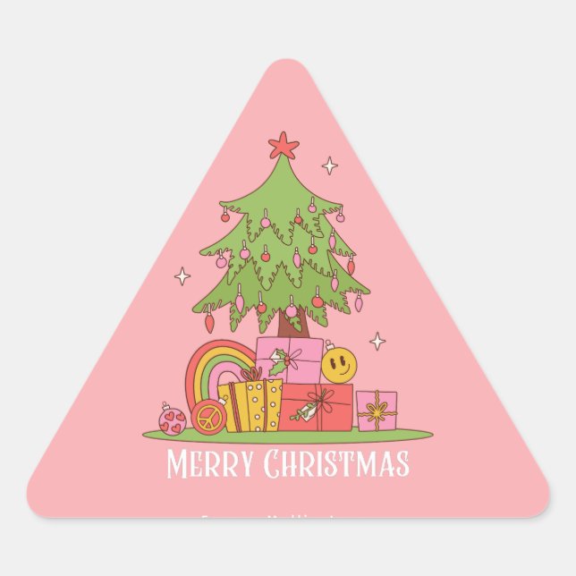 Pegatina Triangular Árbol de Navidad Retro Rosa (Anverso)