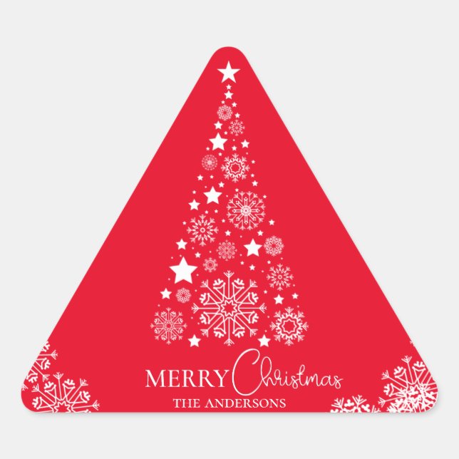 Pegatina Triangular Árbol de Navidad Rojo Negrita y Moderno (Anverso)