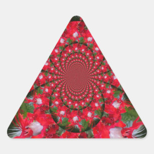 Pegatina Triangular Arte de caleidoscopio de flor roja natural y pluma