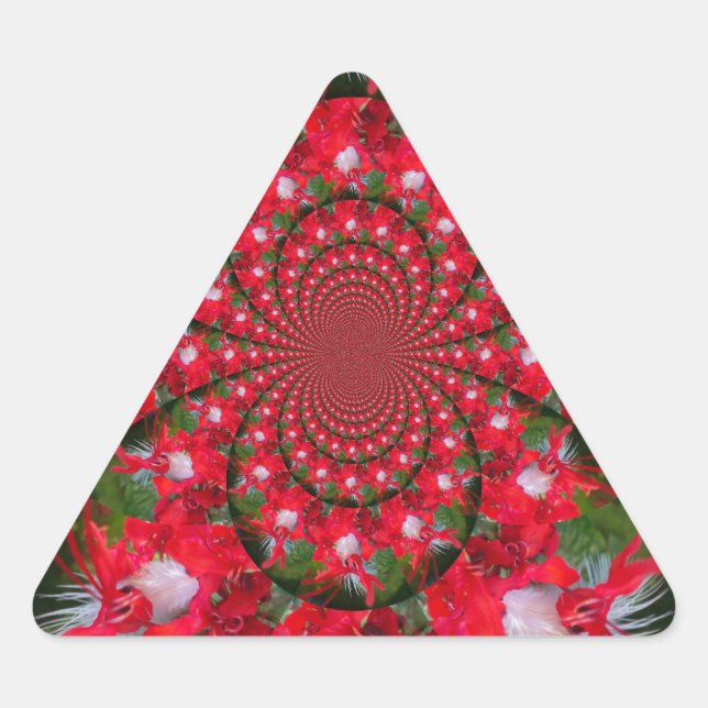 Pegatina Triangular Arte de caleidoscopio de flor roja natural y pluma (Anverso)