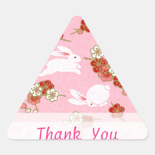 Pegatina Triangular Arte japonés: Sakura rosa y conejos gracias (Anverso)