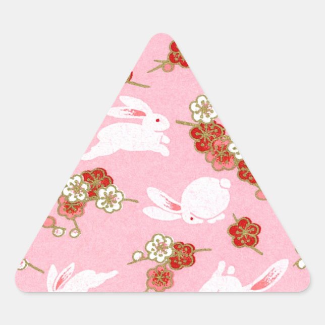 Pegatina Triangular Arte japonés: sakuras rosas y conejos (Anverso)