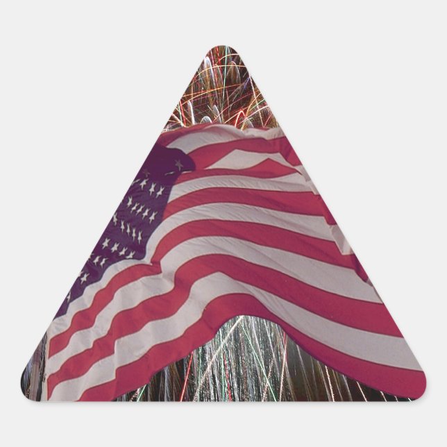 Pegatina Triangular Bandera estadounidense y fuegos artificiales (Anverso)