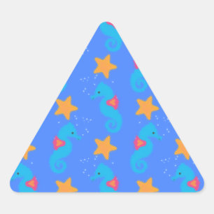 Pegatina Triangular Caballos De Mar Azules Y Patrón De Starfish