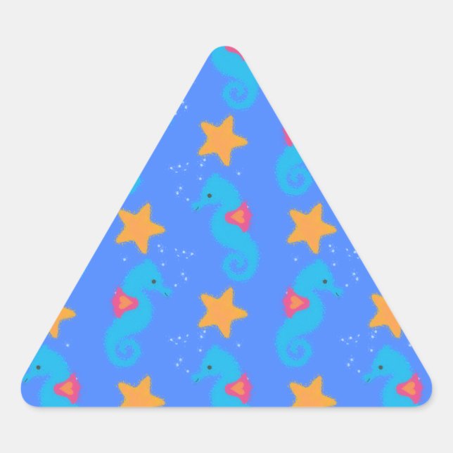 Pegatina Triangular Caballos De Mar Azules Y Patrón De Starfish (Anverso)