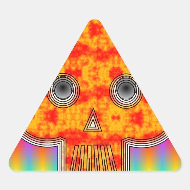 Pegatina Triangular Calavera de Robot colorida sobre fondo arcoiris (Anverso)