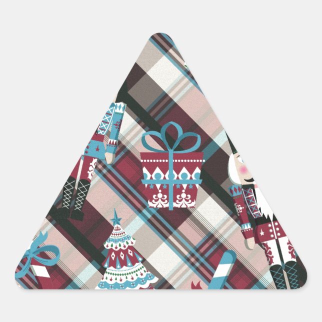 Pegatina Triangular Cascanueces de Navidad a Cuadros Azul Burgundy (Anverso)