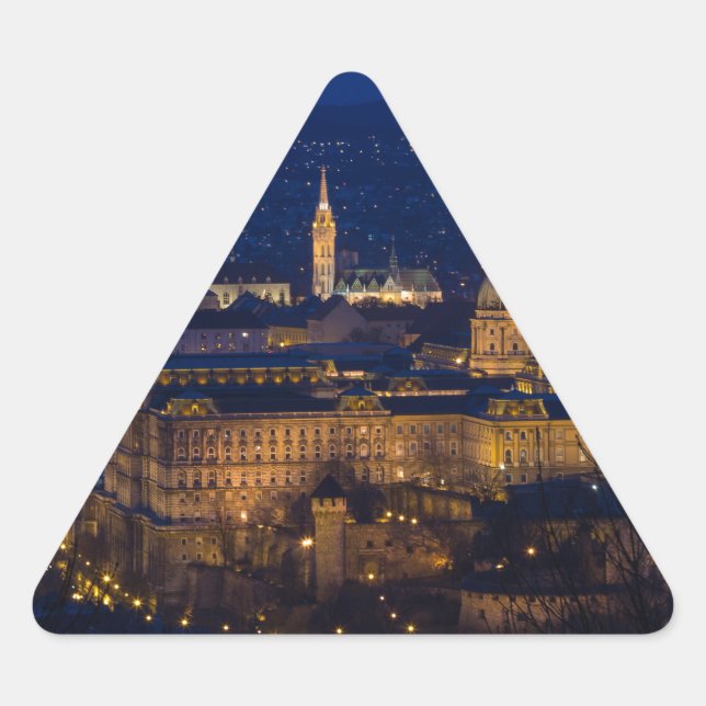 Pegatina Triangular Castillo Buda Hungría Budapest de noche (Anverso)