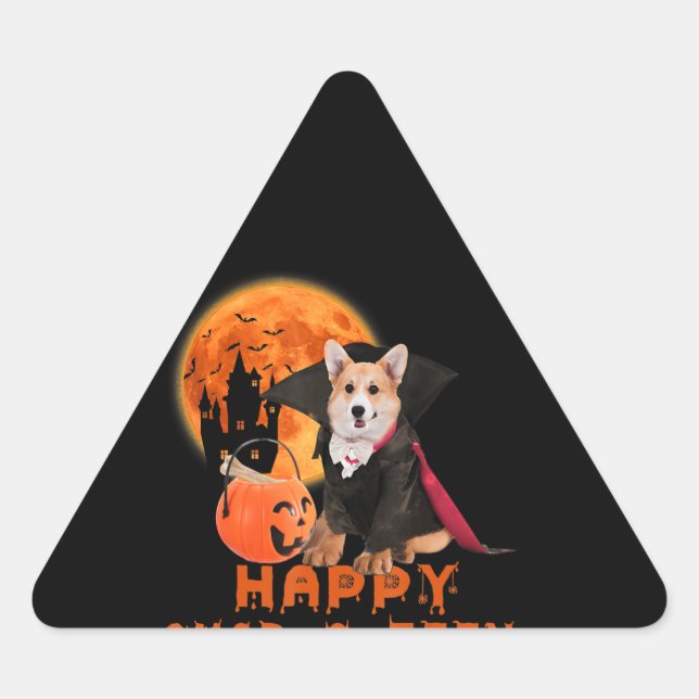 Pegatina Triangular Corgi Gift | Happy Quaroteen Corgi Halloween (Anverso)