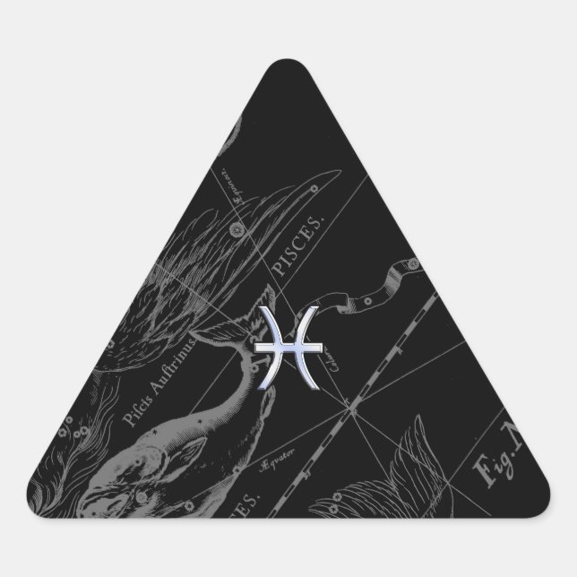 Pegatina Triangular Cromo como Pisces Zodiac Rótulo en Hevelio Negro (Anverso)