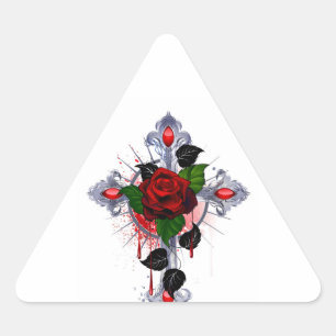 Pegatina Triangular Cruz de Plata con una Rosa Roja