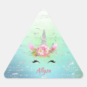 Pegatina Triangular Cuerno de unicornio musical y pestañas florales