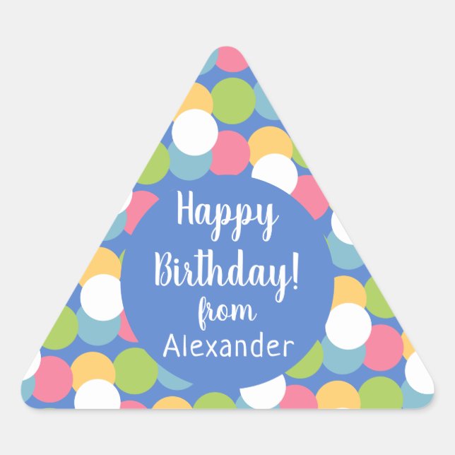 Pegatina Triangular Cumpleaños feliz y colorido de nombre azul (Anverso)