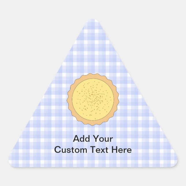 Pegatina Triangular Custard Pie. Tart Amarillo, con Gingham Azul. (Anverso)
