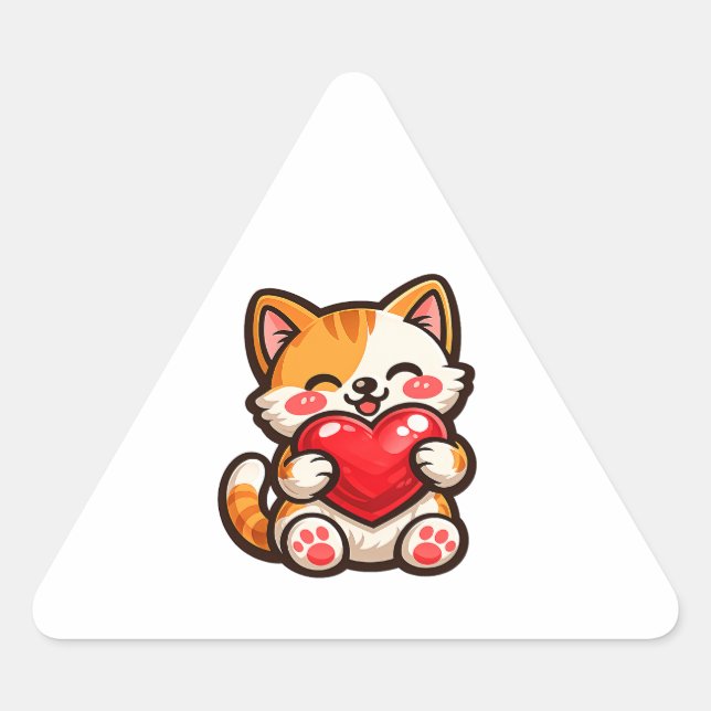Pegatina Triangular Cute Cat Heart – Kawaii Cat Hugging Red Heart, Cut (Anverso)
