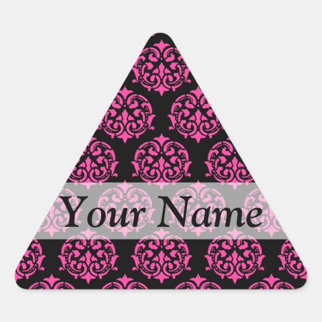 Pegatina Triangular Damasco rosa y negro caliente (Anverso)