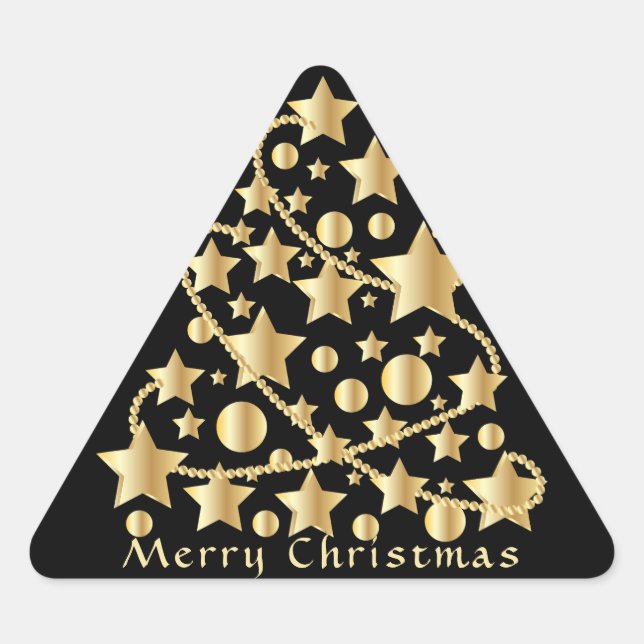 Pegatina Triangular Elegante guión Feliz Navidad Estrella Dorada Negra (Anverso)