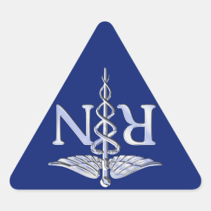 Pegatina Triangular Enfermera inscrita RN Silver Caduceus Navy Blue de