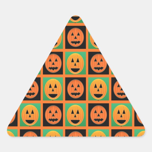 Pegatina Triangular Felices rostros de calabaza de Halloween (Anverso)