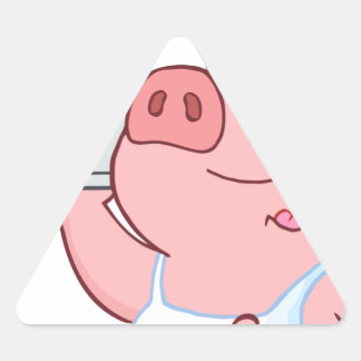 Pegatina Triangular Feliz Chef De Cerdo Con Un Rótulo De Plata