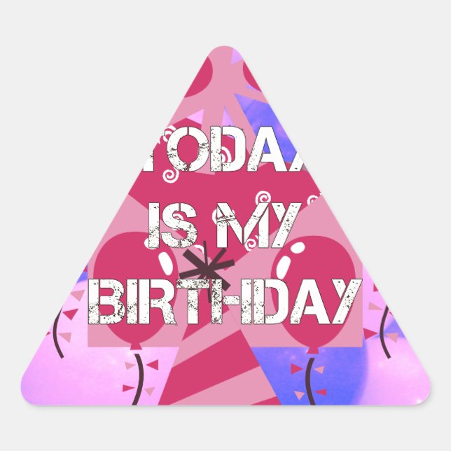Pegatina Triangular Feliz cumpleaños Hoy es mi cumpleaños, globos azul (Anverso)