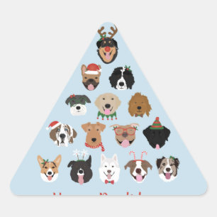 Pegatina Triangular Feliz feriado del árbol de navidad de perro de Paw