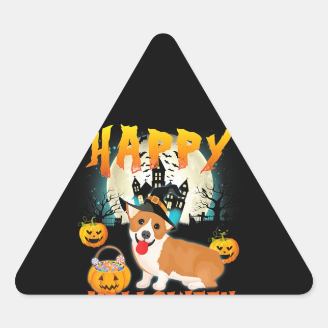 Pegatina Triangular Feliz Halloween Cute Corgi Bruja Tirador (Anverso)