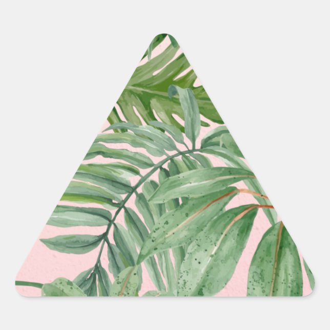 Pegatina Triangular Floral tropical de hojas de palmera rosadas simple (Anverso)