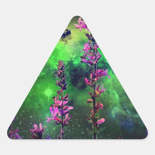 Pegatina Triangular Flores rosas y abejas contra el mundo (Anverso)