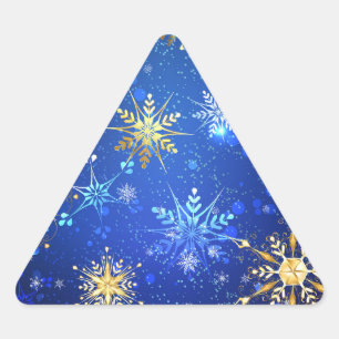 Pegatina Triangular Fondo azul de NAVIDAD con copos de nieve dorados