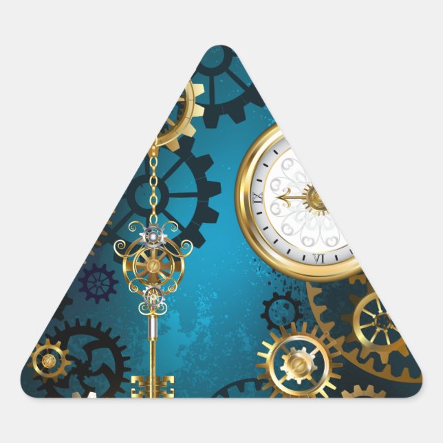 Pegatina Triangular Fondo turquesa de vapor con engranajes (Anverso)