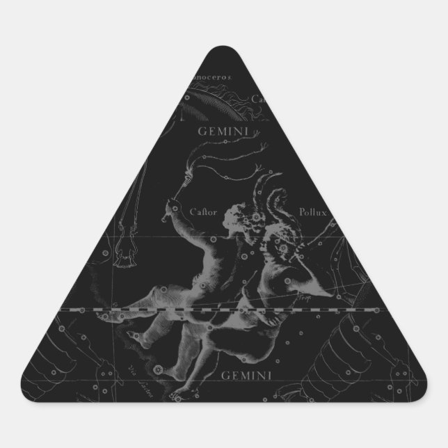 Pegatina Triangular Gemini Constellation Map Hevelius 1690 on Black (Anverso)
