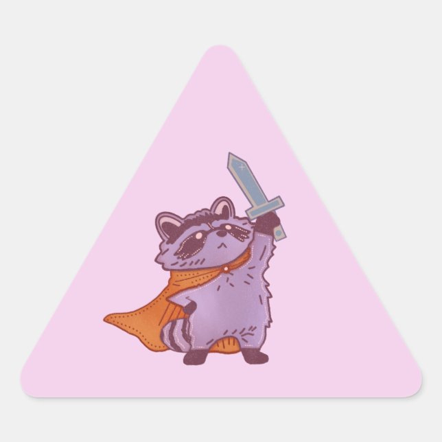 Pegatina Triangular Guerrero Mapache de Fantasía Adorable con Espada y (Anverso)