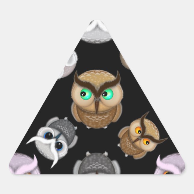 Pegatina Triangular Ilustraciones de búho lindos sobre fondo negro (Anverso)